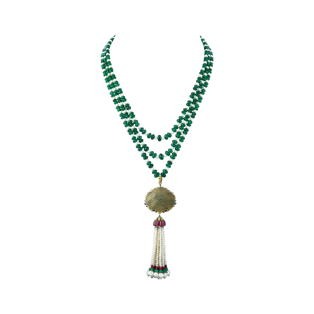 Tri-Layered Emerald and Pearl Necklace with Tassel Pendant